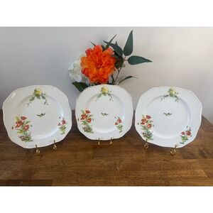 Vintage Alfred Meakin England Dessert Plates Poppy Floral Bird Gold Trim Cottage
